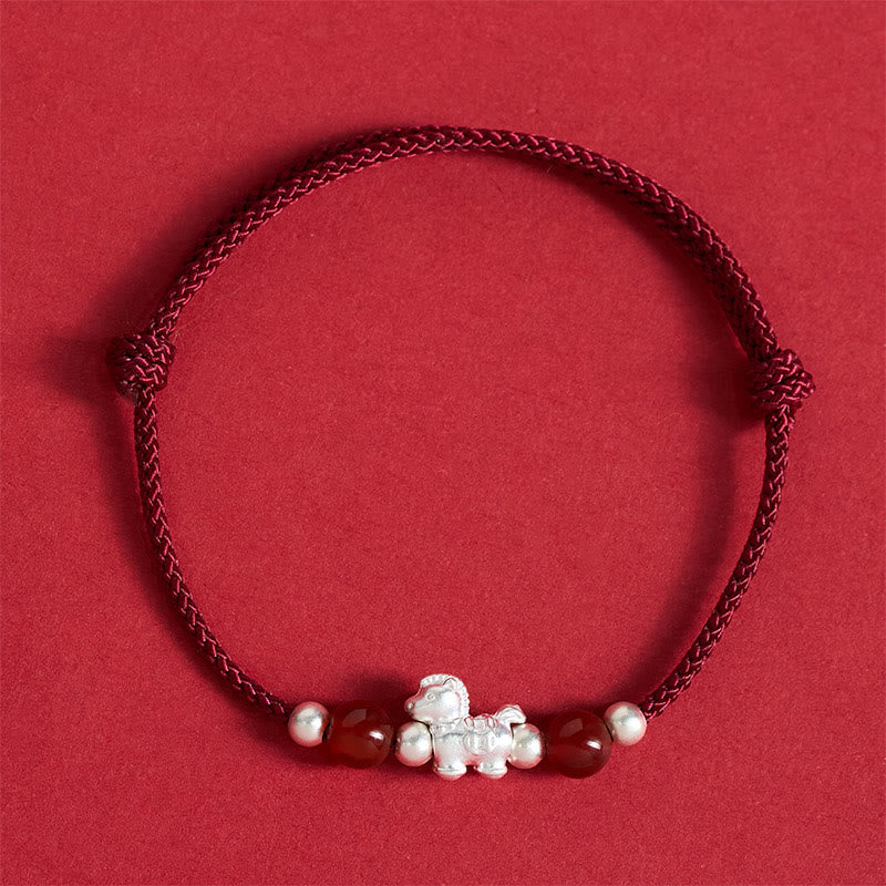 Bracelet en argent sterling 999 et agate rouge Buddha Stones de prospérité et année du Cheval - Cordon rouge foncé (Tour de poignet : 14-21 cm) - image 9