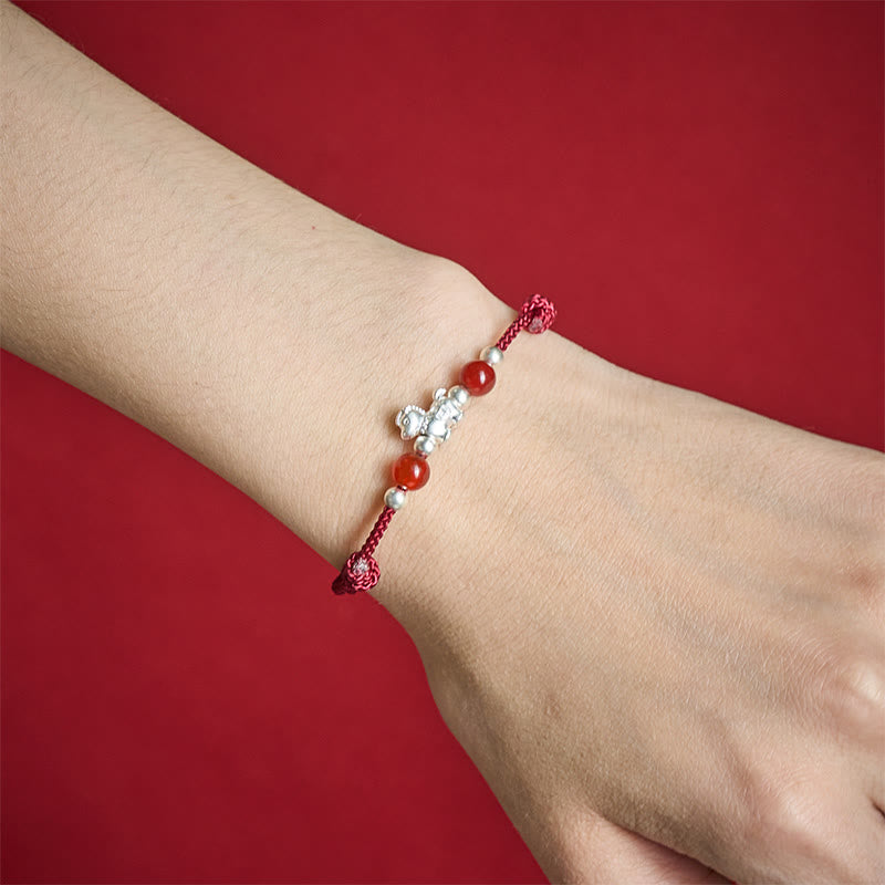Bracelet en argent sterling 999 et agate rouge Buddha Stones de prospérité et année du Cheval - image 2