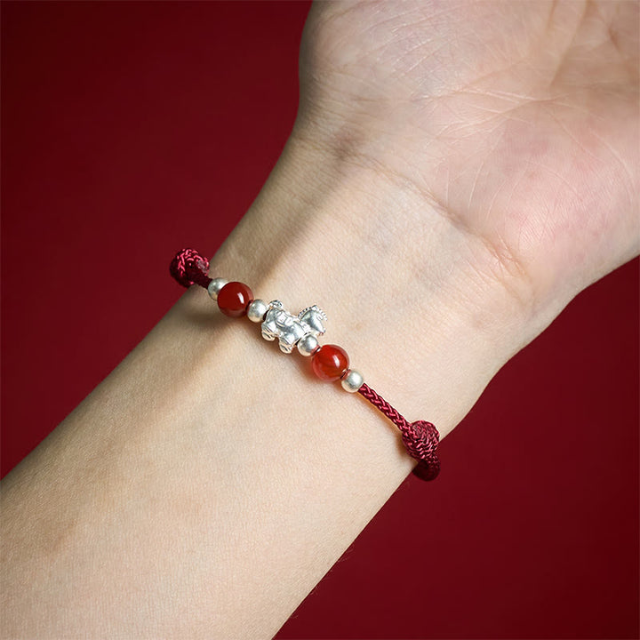 Bracelet en argent sterling 999 et agate rouge Buddha Stones de prospérité et année du Cheval - image 3