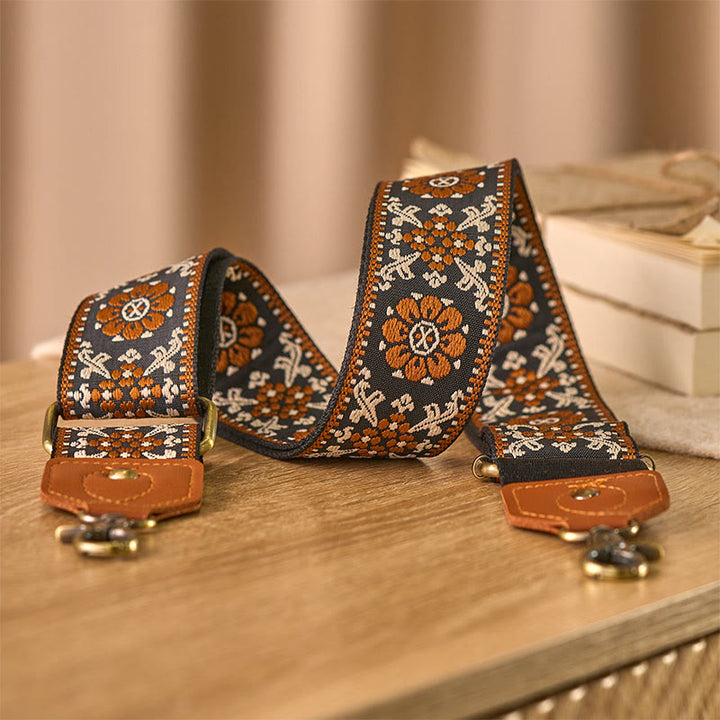 Sacs à main bandoulière réglables en jacquard à fleurs marron avec Buddha Stones - Brun - 80-140 cm x 5 cm - image 0