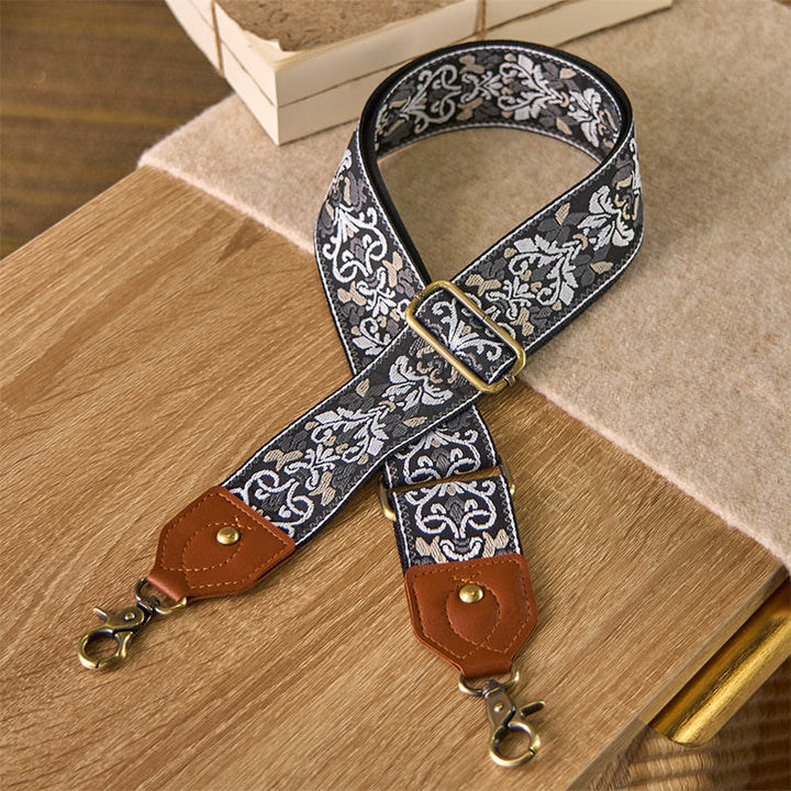 Sacs à main à bandoulière réglables avec broderie géométrique florale et Buddha Stones, bandoulière de rechange - Noir et blanc - 80-140 cm x 5 cm - image 25