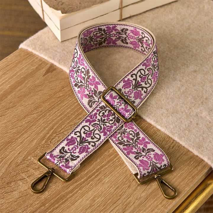 Sacs à main à bandoulière ajustables, style bohème, avec broderies géométriques florales et Buddha Stones . Bandoulière de rechange. - Rose - 75-135 cm x 5 cm - image 7