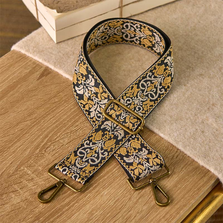 Sacs à main à bandoulière ajustables, style bohème, avec broderies géométriques florales et Buddha Stones . Bandoulière de rechange. - Kaki noir - 75-135 cm x 5 cm - image 13