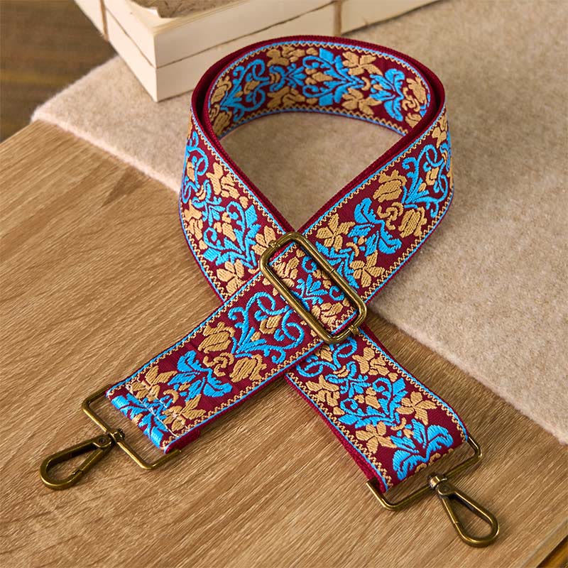 Sacs à main à bandoulière ajustables, style bohème, avec broderies géométriques florales et Buddha Stones . Bandoulière de rechange. - Marron Bleu - 75-135 cm x 5 cm - image 11