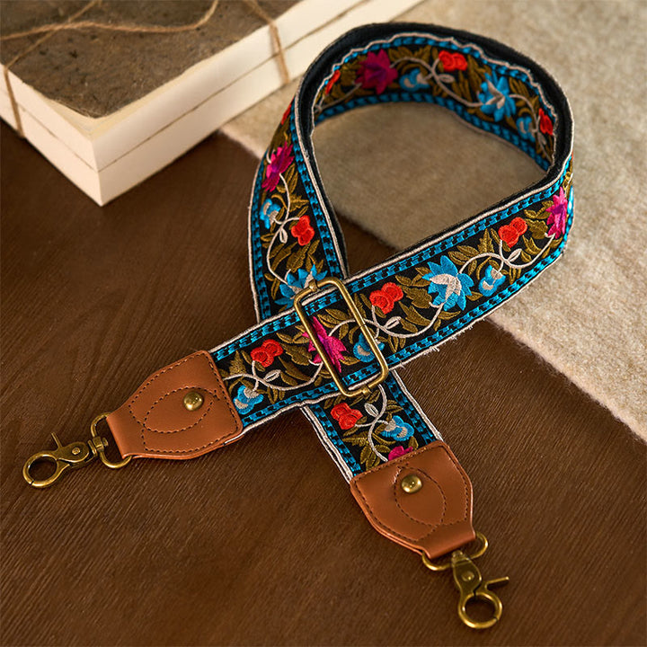 Sacs à main à bandoulière ajustables, style bohème, avec broderie géométrique et motif floral, ornés de Buddha Stones. Bandoulière de rechange incluse. - Noir Bleu - 75-135 cm x 5 cm - image 0