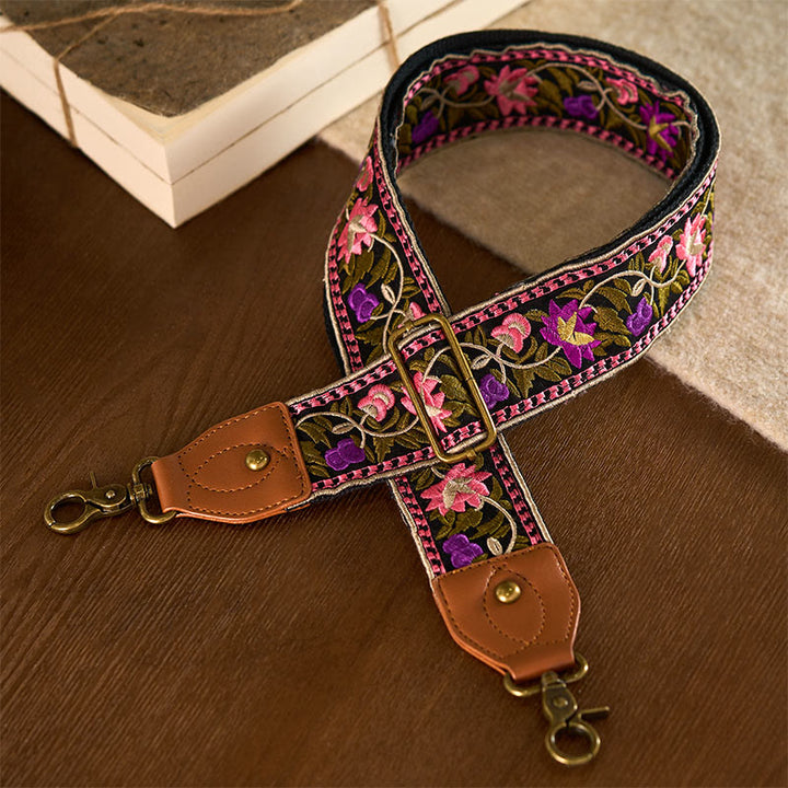 Sacs à main à bandoulière ajustables, style bohème, avec broderie géométrique et motif floral, ornés de Buddha Stones. Bandoulière de rechange incluse. - Noir Rose Violet - 75-135 cm x 5 cm - image 22