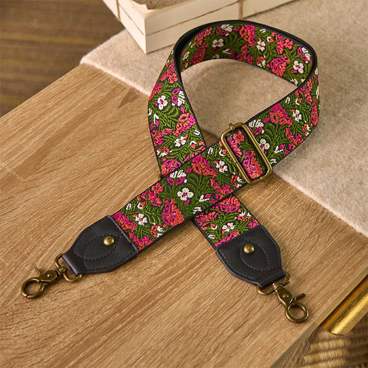 Sacs à main bohèmes en Buddha Stones , roses rouges, broderie de feuilles vertes, bandoulière ajustable, bretelles de rechange pour sacs à bandoulière. - Vert Noir - 85-135 cm x 5 cm - image 0