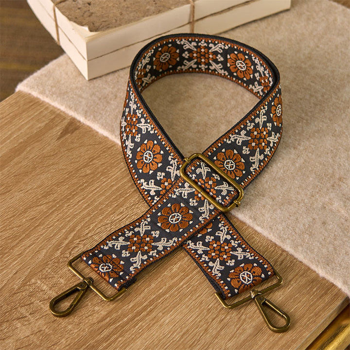 Sacs à main bandoulière réglables à motif géométrique floral marron et Buddha Stones , style bohème, avec bandoulière de rechange. - Brun - 70-135 cm x 5 cm - image 0