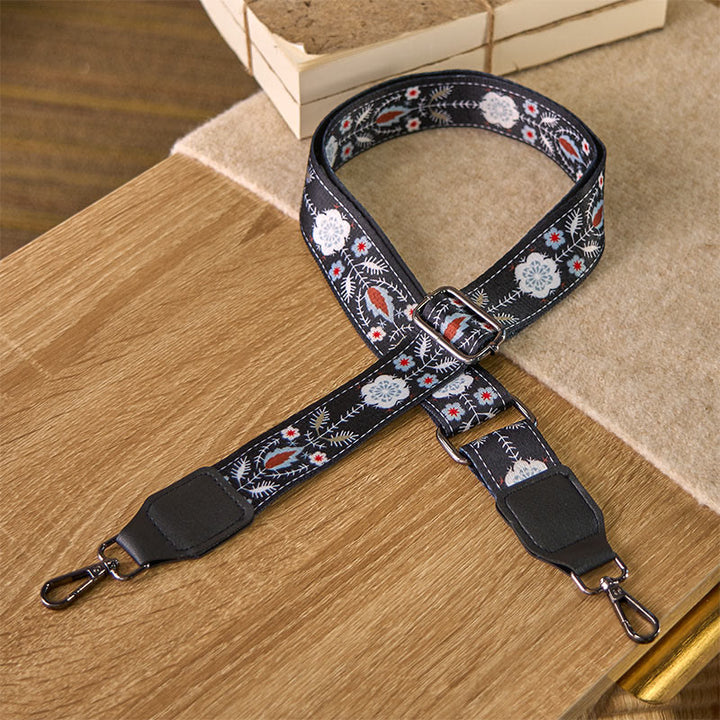 Sacs à main bandoulière réglables à motif géométrique floral noir et Buddha Stones, style bohème, avec bandoulière de rechange. - Fleur noire - 75-145 cm * 3,8 cm - image 0