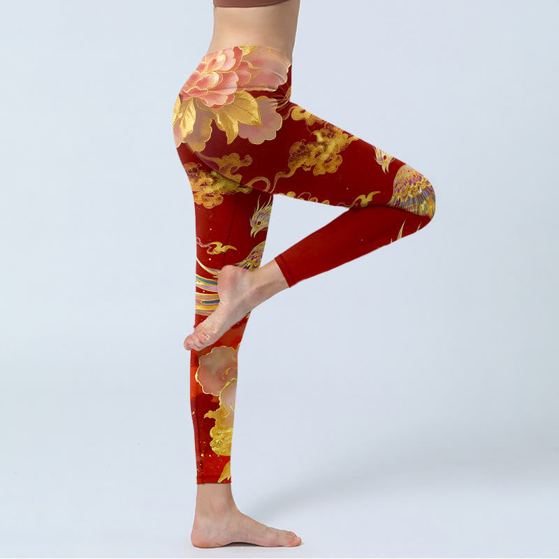 Leggings de sport pour femmes, imprimé motif phénix, pivoine et nuage, avec Buddha Stones - image 3