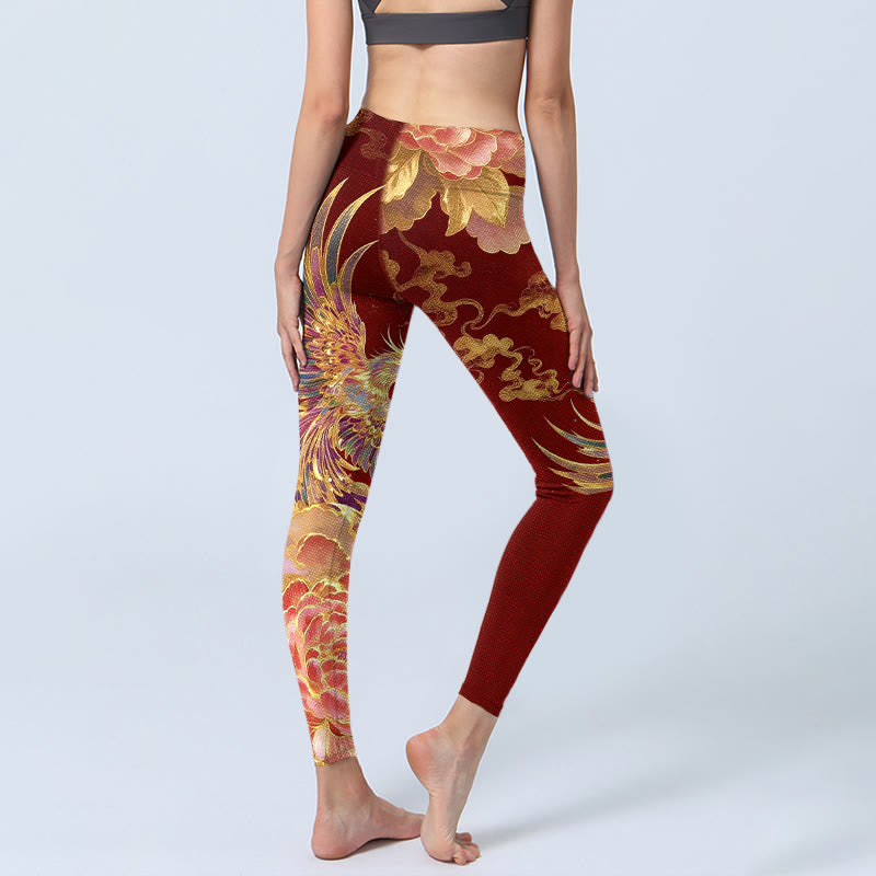 Leggings de sport pour femmes, imprimé motif phénix, pivoine et nuage, avec Buddha Stones - image 4