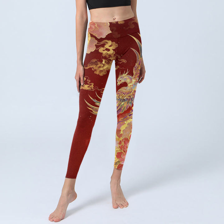 Leggings de sport pour femmes, imprimé motif phénix, pivoine et nuage, avec Buddha Stones - image 5