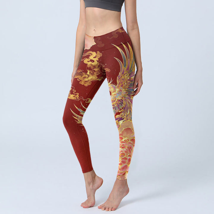 Leggings de sport pour femmes, imprimé motif phénix, pivoine et nuage, avec Buddha Stones - FireBrick - US18，UK/AU22，EU50 (4XL) - image 0