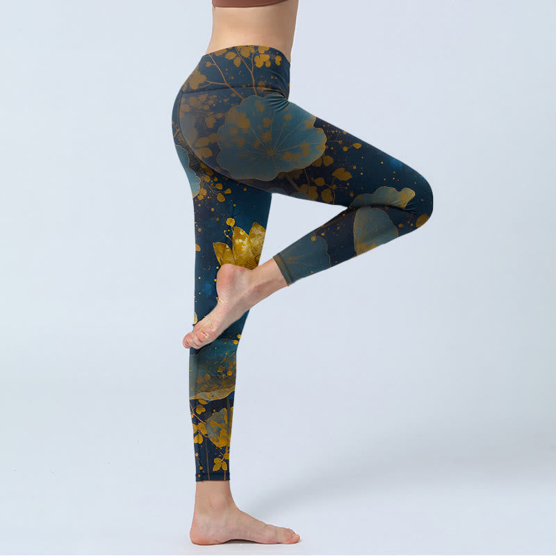 Leggings de yoga pour femmes, imprimé élégant et raffiné de fleurs de lotus et de feuilles, avec motifs de Buddha Stones - image 3