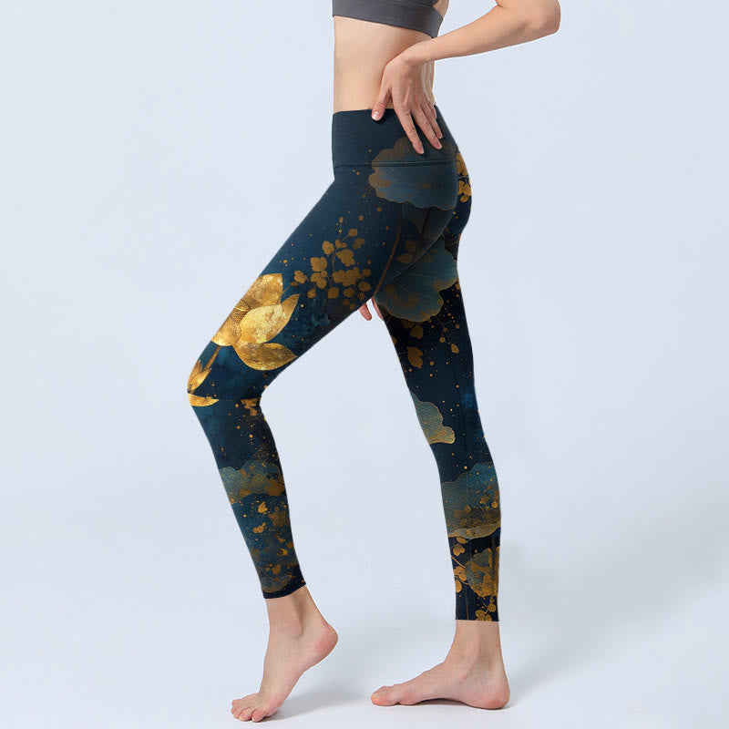 Leggings de yoga pour femmes, imprimé élégant et raffiné de fleurs de lotus et de feuilles, avec motifs de Buddha Stones - image 2