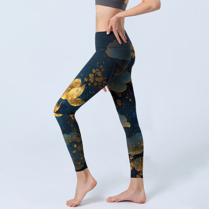 Leggings de yoga pour femmes, imprimé élégant et raffiné de fleurs de lotus et de feuilles, avec motifs de Buddha Stones - image 2