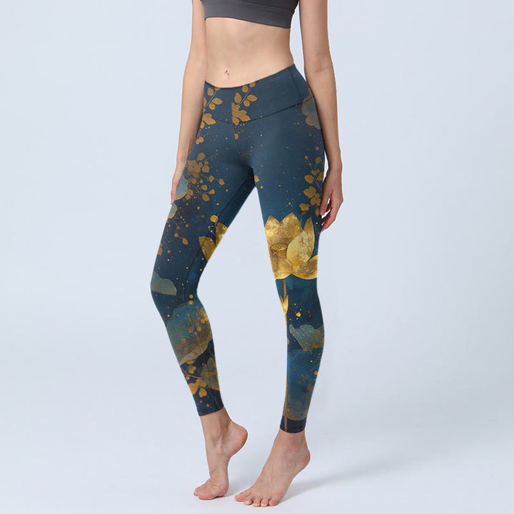 Leggings de yoga pour femmes, imprimé élégant et raffiné de fleurs de lotus et de feuilles, avec motifs de Buddha Stones - SteelBlue - US18，UK/AU22，EU50 (4XL) - image 0