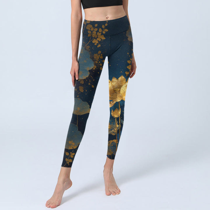 Leggings de yoga pour femmes, imprimé élégant et raffiné de fleurs de lotus et de feuilles, avec motifs de Buddha Stones - image 5