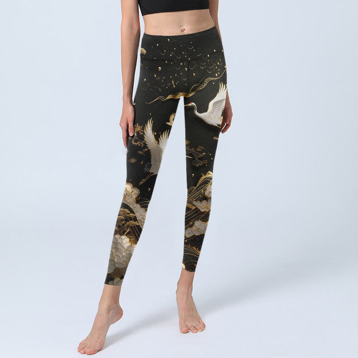 Leggings de sport pour femmes, imprimés de Buddha Stones, de grues, de nuages, de vagues et de pins, avec des lignes délicates. - image 5