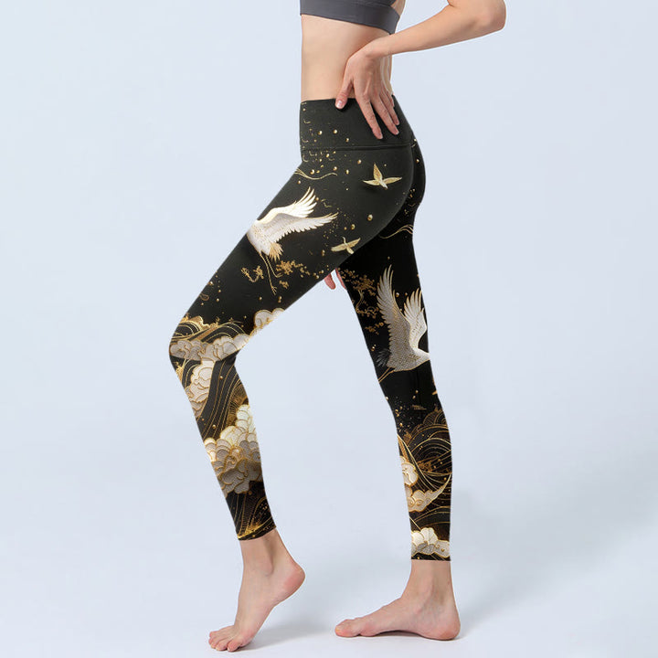 Leggings de sport pour femmes, imprimés de Buddha Stones, de grues, de nuages, de vagues et de pins, avec des lignes délicates. - image 2