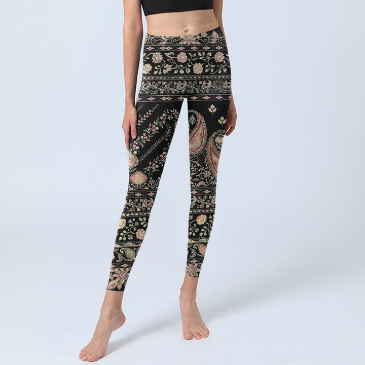 Leggings de yoga pour femmes avec imprimé rétro répétitif de fleurs, feuilles et vignes, style Buddha Stones - image 5