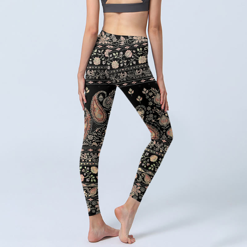 Leggings de yoga pour femmes avec imprimé rétro répétitif de fleurs, feuilles et vignes, style Buddha Stones - image 4