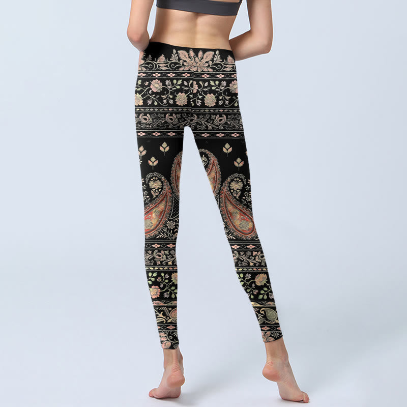 Leggings de yoga pour femmes avec imprimé rétro répétitif de fleurs, feuilles et vignes, style Buddha Stones - image 6