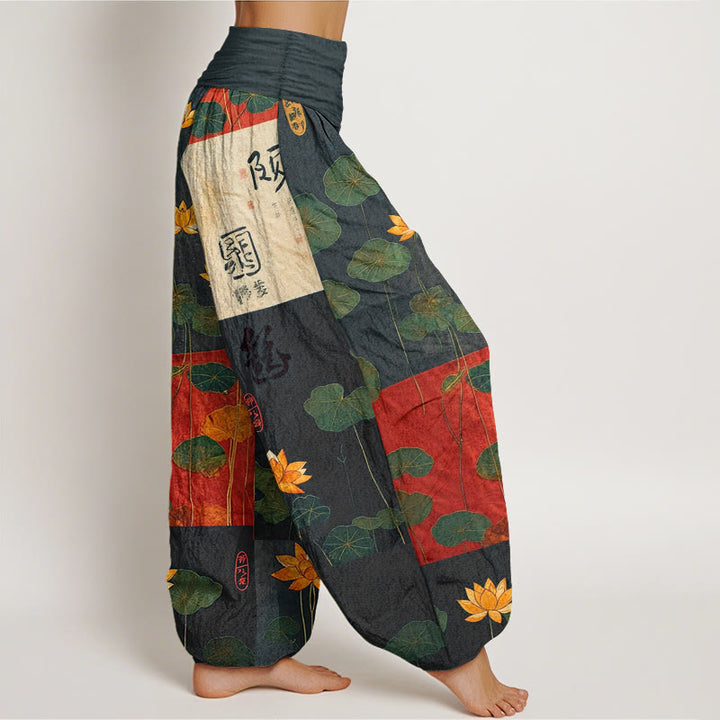 Pantalon harem femme en pur coton, motif fleurs et feuilles de lotus, taille élastique, orné de Buddha Stones et d'un impact visuel fort. - image 2