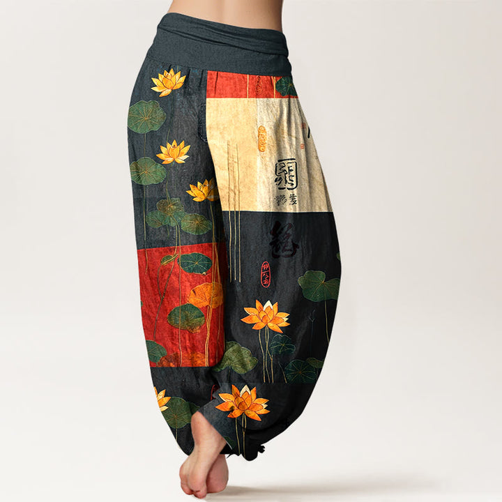 Pantalon harem femme en pur coton, motif fleurs et feuilles de lotus, taille élastique, orné de Buddha Stones et d'un impact visuel fort. - image 1