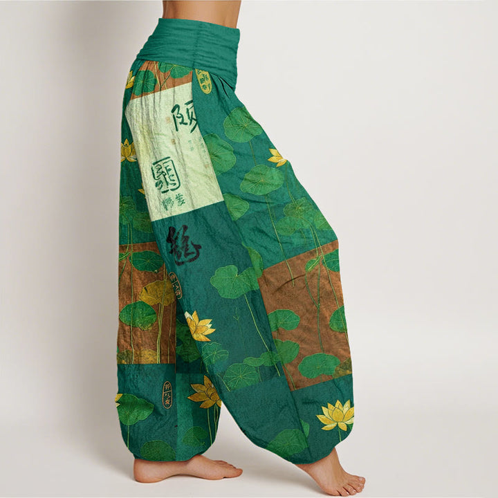 Pantalon harem femme en pur coton, motif fleurs et feuilles de lotus, taille élastique, orné de Buddha Stones et d'un impact visuel fort. - image 7