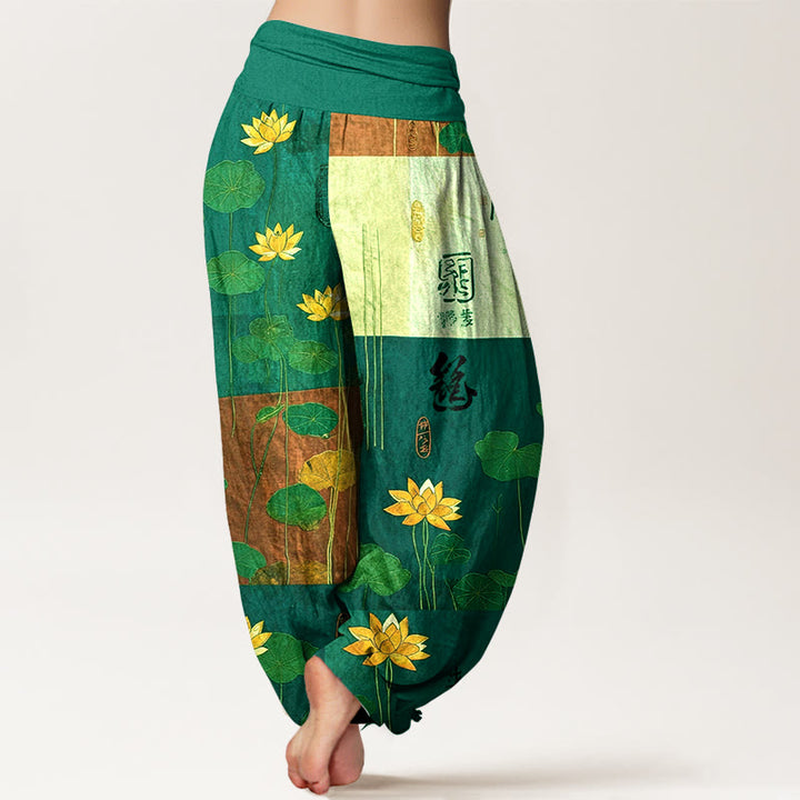Pantalon harem femme en pur coton, motif fleurs et feuilles de lotus, taille élastique, orné de Buddha Stones et d'un impact visuel fort. - image 6