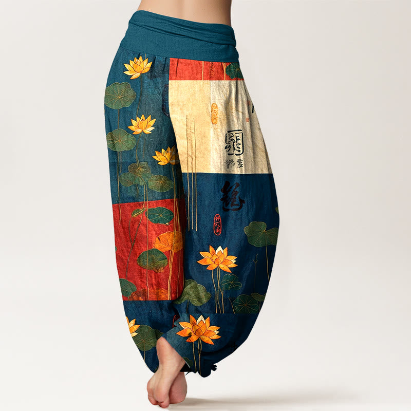 Pantalon harem femme en pur coton, motif fleurs et feuilles de lotus, taille élastique, orné de Buddha Stones et d'un impact visuel fort. - image 9