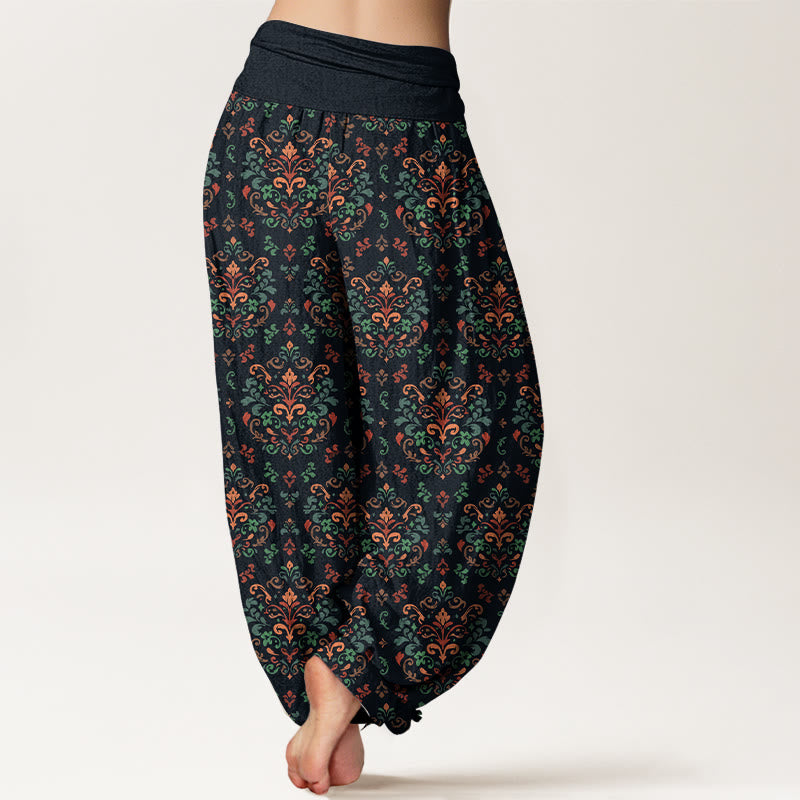 Pantalon harem femme en pur coton à taille élastique, motif floral symétrique rétro Buddha Stones - image 1