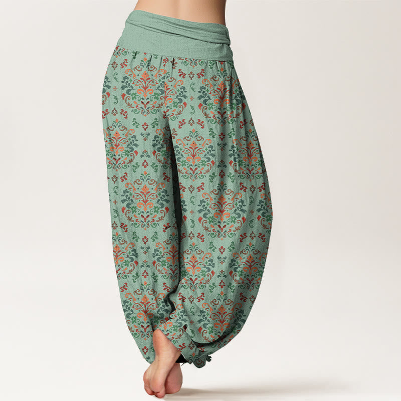 Pantalon harem femme en pur coton à taille élastique, motif floral symétrique rétro Buddha Stones - image 6