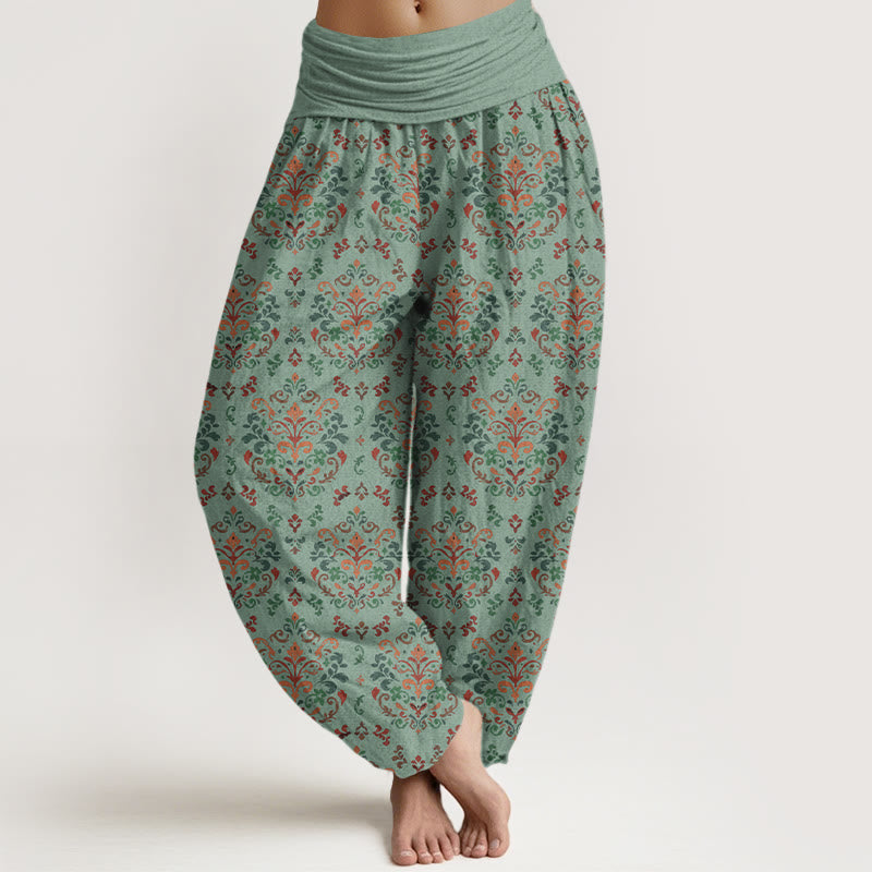 Pantalon harem femme en pur coton à taille élastique, motif floral symétrique rétro Buddha Stones - Aigue-marine moyenne - US16，UK/AU20，EU48 (3XL) - image 5