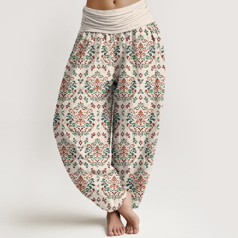 Pantalon harem femme en pur coton à taille élastique, motif floral symétrique rétro Buddha Stones - Beige - US16，UK/AU20，EU48 (3XL) - image 8