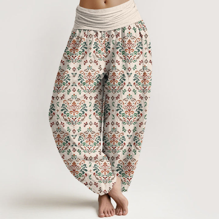 Pantalon harem femme en pur coton à taille élastique, motif floral symétrique rétro Buddha Stones - Beige - US16，UK/AU20，EU48 (3XL) - image 8