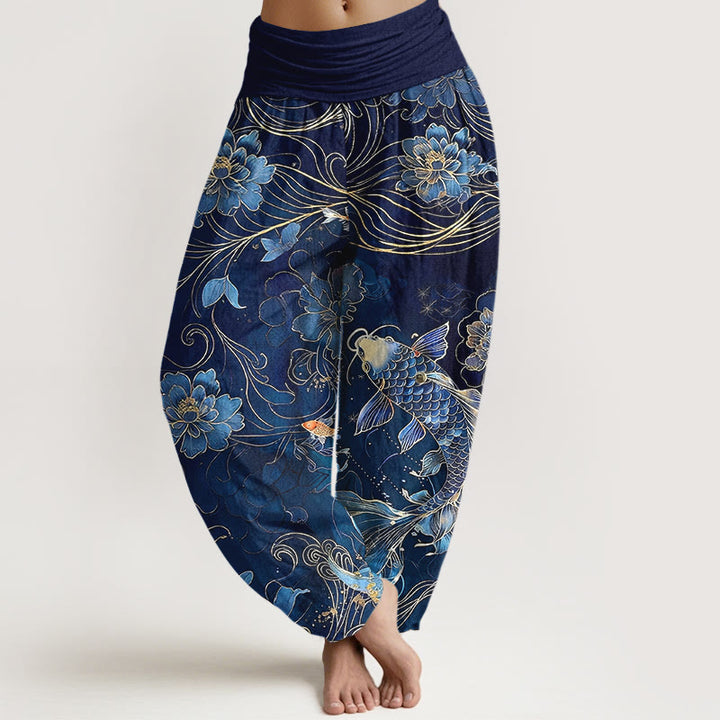 Pantalon harem pour femme, taille élastique, en pur coton, motif pivoines et carpes koï oniriques, Buddha Stones - Marine - US16，UK/AU20，EU48 (3XL) - image 0
