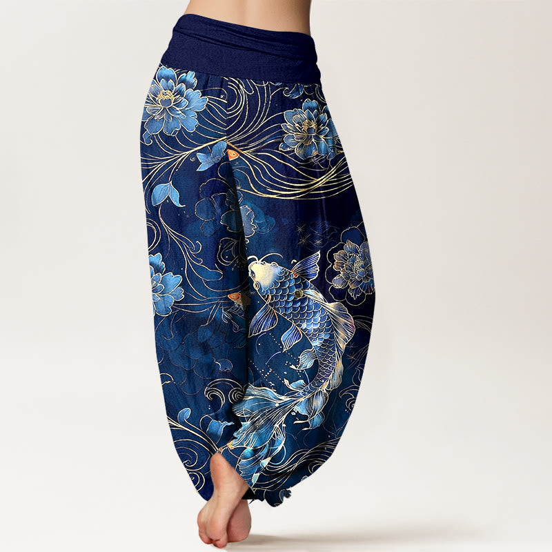 Pantalon harem pour femme, taille élastique, en pur coton, motif pivoines et carpes koï oniriques, Buddha Stones - image 1