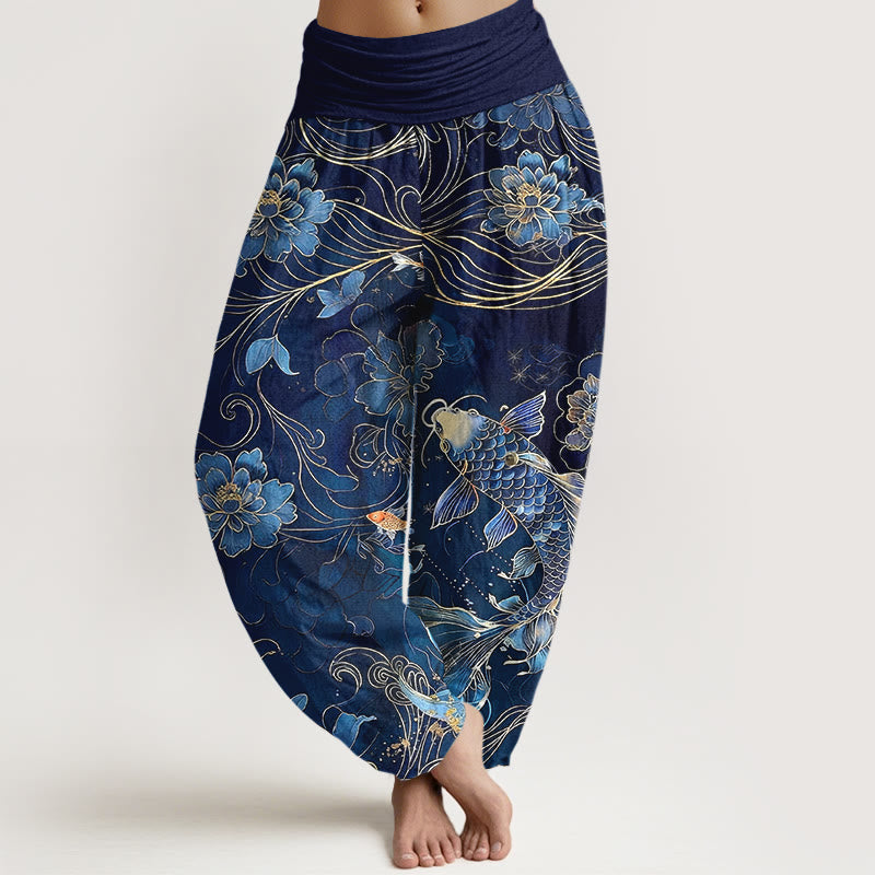Pantalon harem pour femme, taille élastique, en pur coton, motif pivoines et carpes koï oniriques, Buddha Stones - Marine - US16，UK/AU20，EU48 (3XL) - image 0