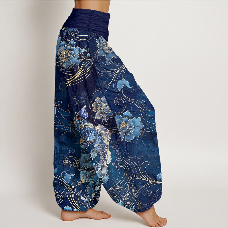 Pantalon harem pour femme, taille élastique, en pur coton, motif pivoines et carpes koï oniriques, Buddha Stones - image 2