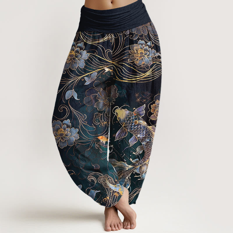 Pantalon harem pour femme, taille élastique, en pur coton, motif pivoines et carpes koï oniriques, Buddha Stones - Noir - US16，UK/AU20，EU48 (3XL) - image 5