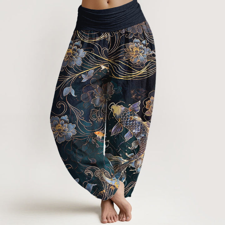 Pantalon harem pour femme, taille élastique, en pur coton, motif pivoines et carpes koï oniriques, Buddha Stones - Noir - US16，UK/AU20，EU48 (3XL) - image 5