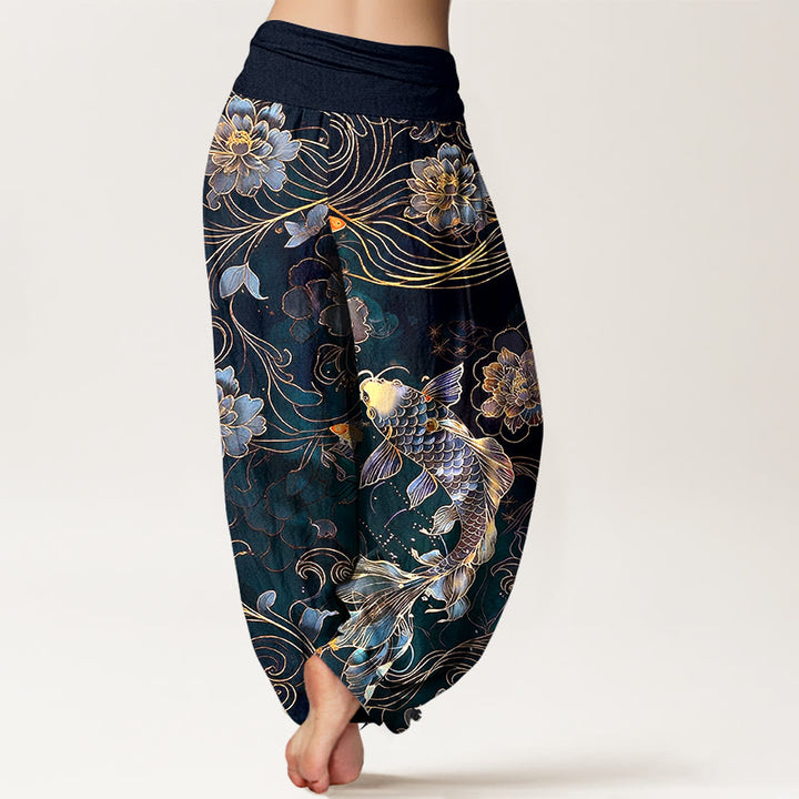 Pantalon harem pour femme, taille élastique, en pur coton, motif pivoines et carpes koï oniriques, Buddha Stones - image 6