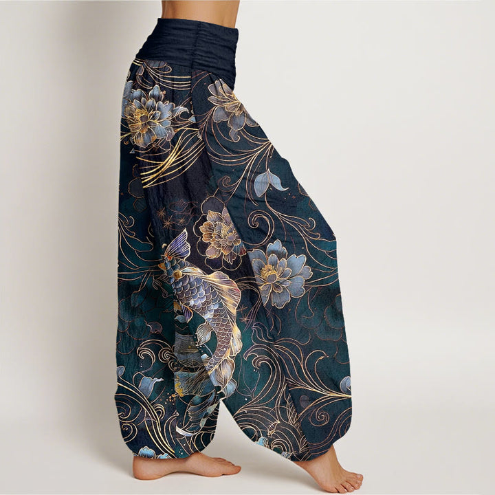 Pantalon harem pour femme, taille élastique, en pur coton, motif pivoines et carpes koï oniriques, Buddha Stones - image 7