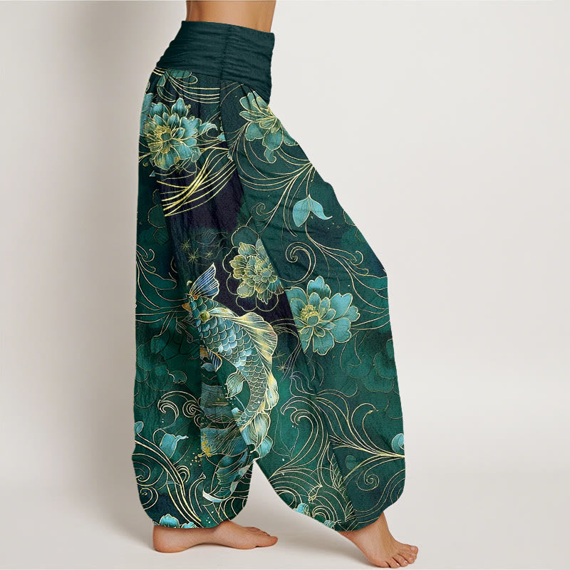 Pantalon harem pour femme, taille élastique, en pur coton, motif pivoines et carpes koï oniriques, Buddha Stones - image 10
