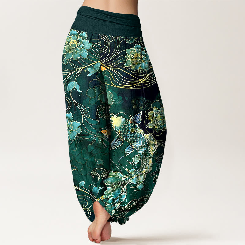 Pantalon harem pour femme, taille élastique, en pur coton, motif pivoines et carpes koï oniriques, Buddha Stones - image 9