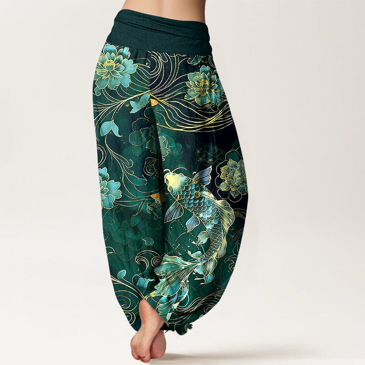 Pantalon harem pour femme, taille élastique, en pur coton, motif pivoines et carpes koï oniriques, Buddha Stones - image 9