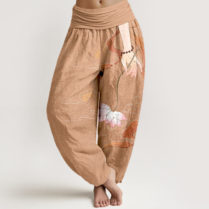 Pantalon harem à taille élastique pour femme, Buddha Stones, de fleurs de lotus en pur coton, de rubans fluides, d'un chapelet à porter à la main et d'un motif de nuages. - Saumon clair - US16，UK/AU20，EU48 (3XL) - image 0