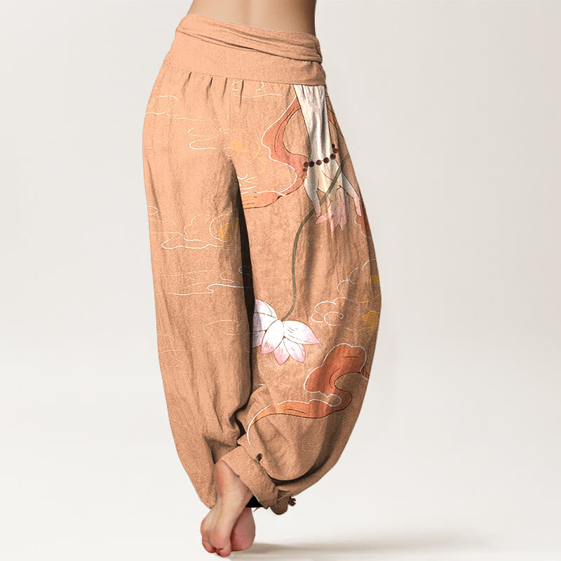 Pantalon harem à taille élastique pour femme, Buddha Stones, de fleurs de lotus en pur coton, de rubans fluides, d'un chapelet à porter à la main et d'un motif de nuages. - image 1